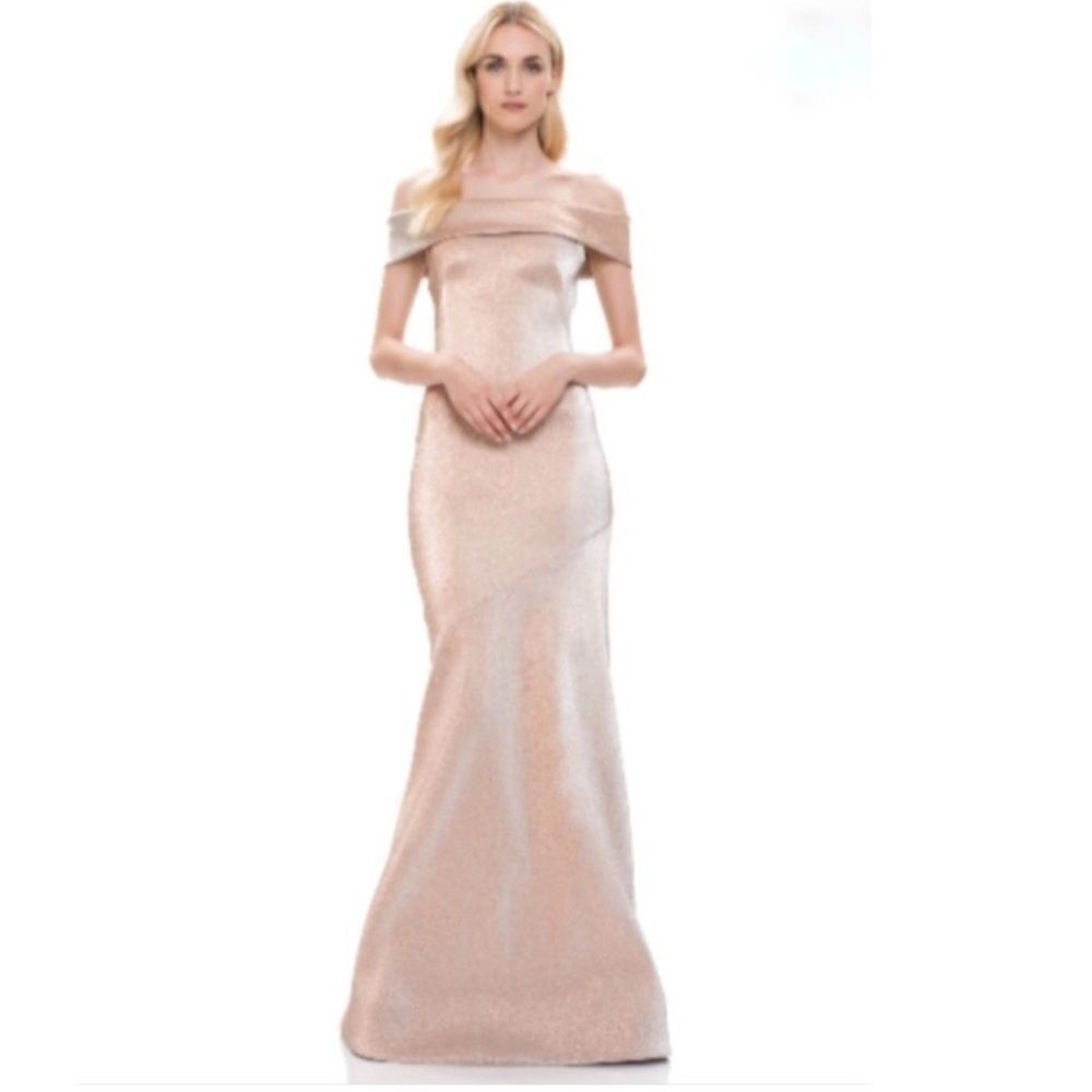 Theia Off-The-Shoulder Mermaid Gown in rose gold